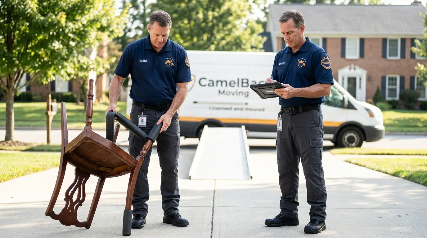 Movers inspecting furniture for damage prevention before loading in Hanover, MA