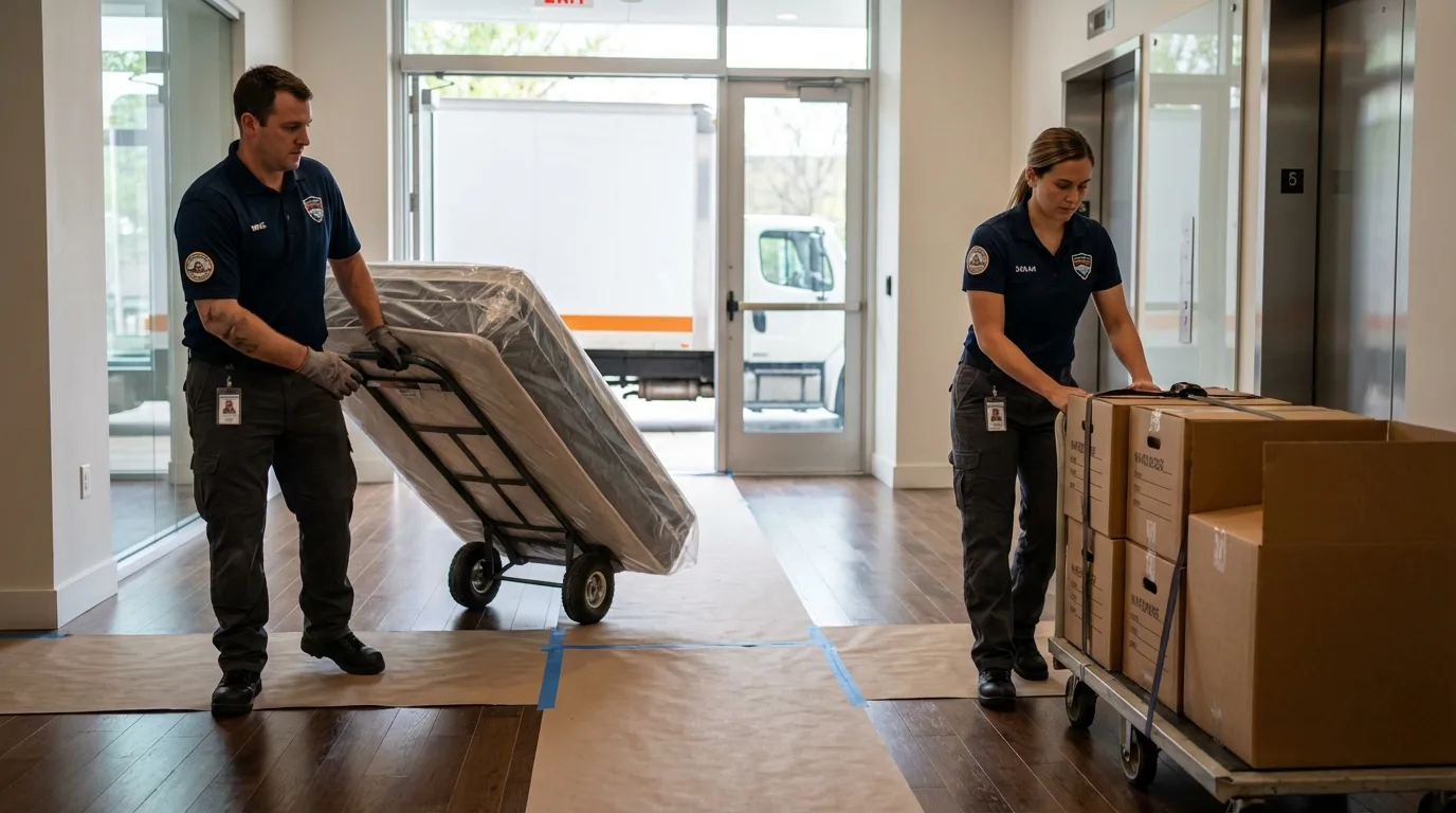 Professional apartment movers loading elevator in Hanover, MA