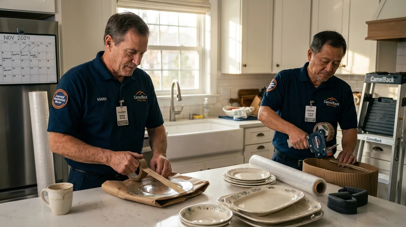 Professional crew packing kitchen dishware in Hanover, MA